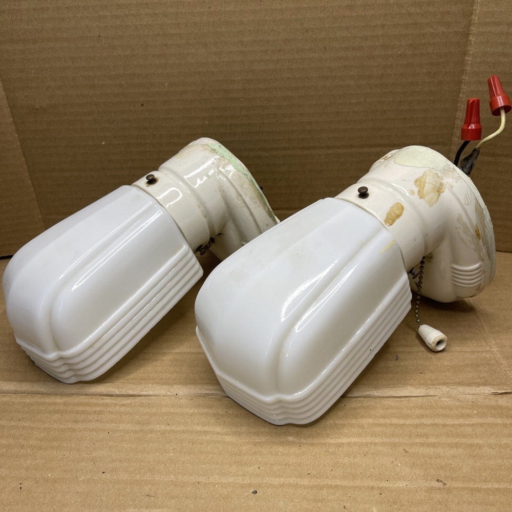 Vintage Art Deco Porcelain Wall Sconce Light Pair White Glass Shades UL Restore